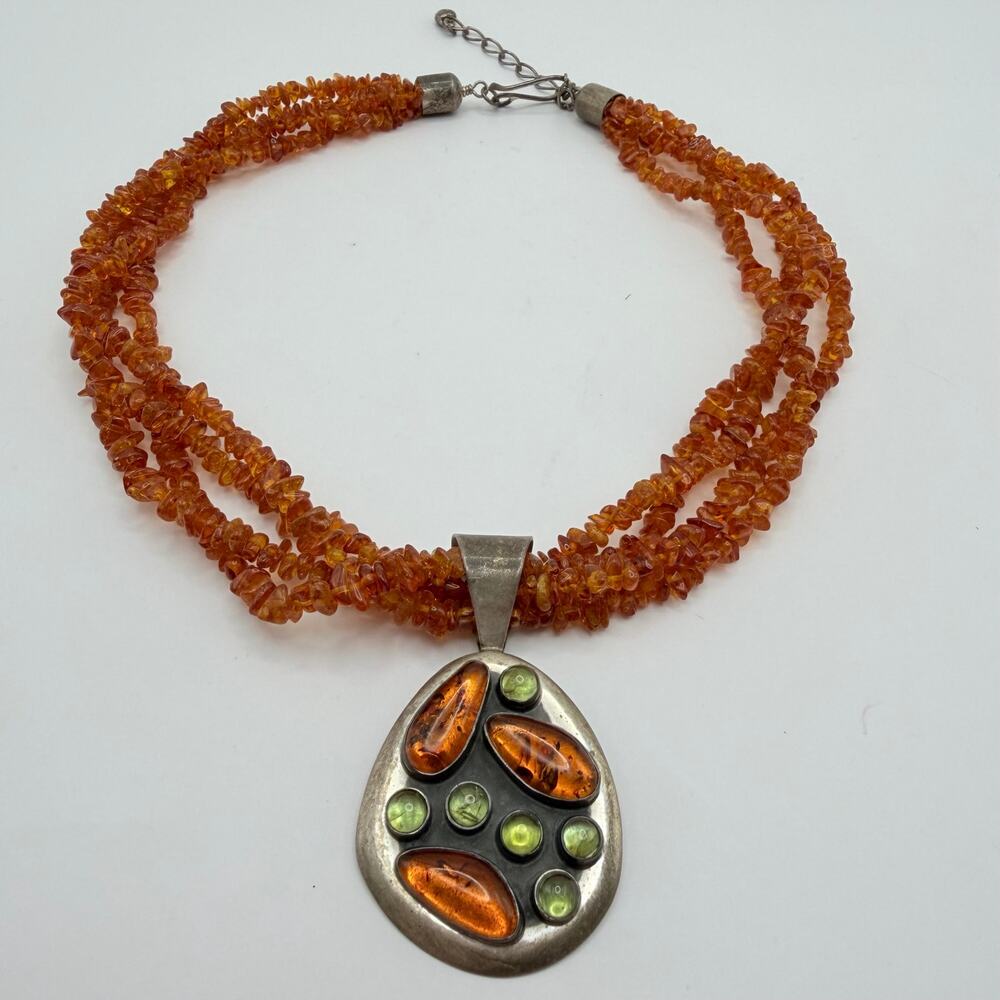 Jay King DTR Sterling Silver Baltic Amber Peridot Pendant Multi Strand Necklace